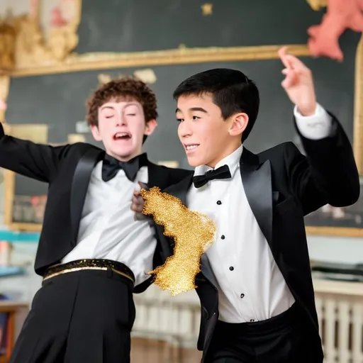 Prompt: 13 year old boy in a black tuxedo cast a gold sparkly crazy magic spell on his teacher who is that gose flying through the air towards  his teacher who is in a white dress shirt with a very puffy collar