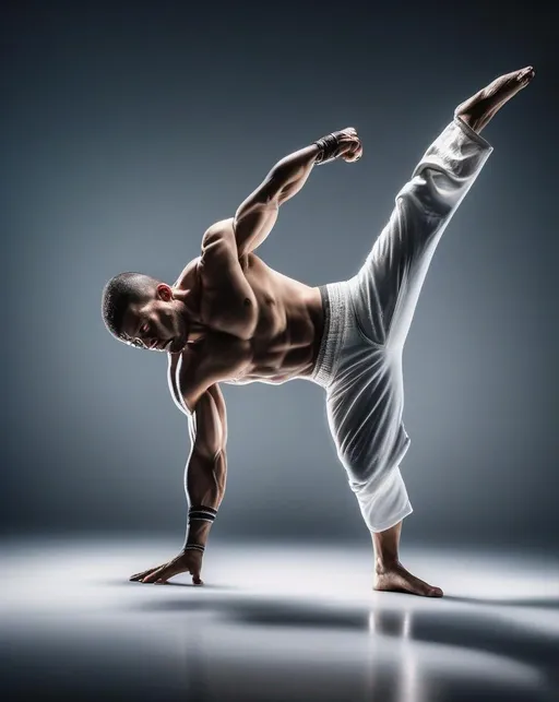 Prompt: A powerful athlete captured mid-kick, body arched back, muscles tensed, performing an athletic capoeira move. Bright stage lighting spotlights the dancer executing the dynamic pose against a dark background. Photographed from a low angle perspective with a 24-70mm lens on a Canon 5D Mk IV to emphasize the height and strength of the kick. Conveys beauty, control, and discipline.