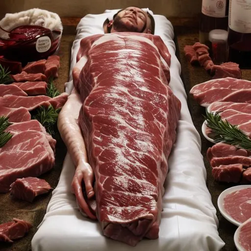 Prompt: man made of meat laying down photo