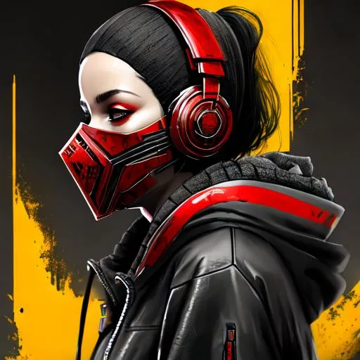 Prompt: Sith mask, reptile skin, red and black, headphones, hoodie, Sci-fi, Cyberpunk 2077, highly detailed, clean face, oil painting, UHD, HDR, 8K, high res