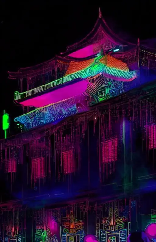 Beautiful neon female holograms on traditional Chine... | OpenArt