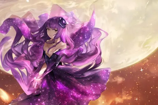 Prompt: A beautiful galaxy girl with a purple dress that is magically floating. She is in a beautiful galaxy behind her.