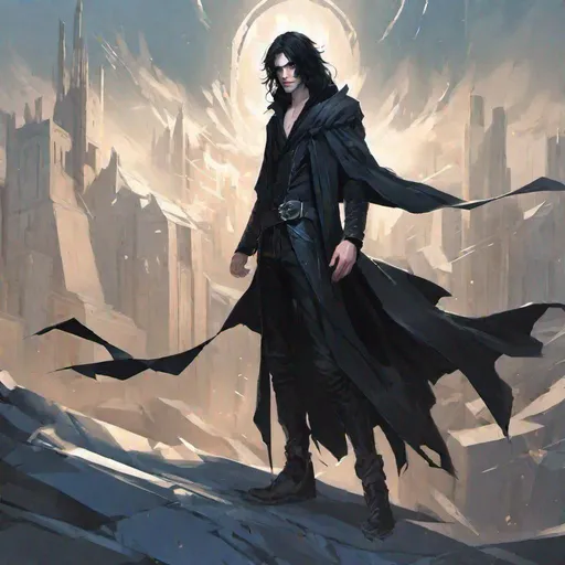 Prompt: darkly handsome young man in black cloak with long, uneven black hair, mismatched black and bright blue eyes, pale skin, sharp features, concept art, epic lighting, finely-tuned, octane rendering