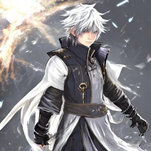 Prompt: fire emblem themed lightning sage
white hair brown eyes clothes like noctis 
