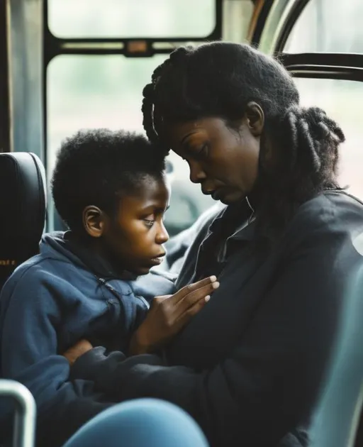 Prompt: Sad 
Black 
Black 
Mother in bus with son