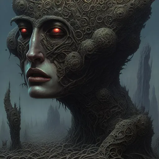 Prompt: Beyond the Void by Zdzisław Beksiński, beautiful d&d character portrait, dark fantasy, detailed, realistic face, digital portrait, intricate armor, fiverr dnd character, wlop, stanley artgerm lau, ilya kuvshinov, artstation, hd, octane render, hyperrealism