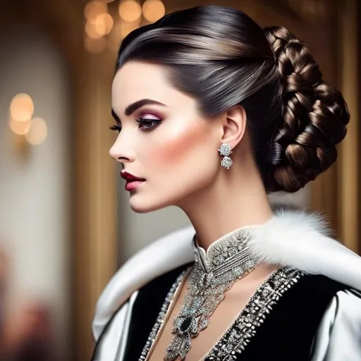 Prompt: Stunning, glossy portrait of a stunning woman with silver and white hair pulled back into a bun, she is dressed like a cross between an Elizabethan queen and a high fashionista