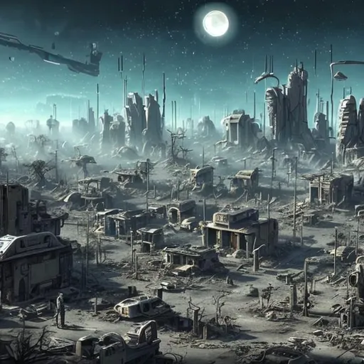 Prompt: Post apocalyptic town with futuristic tech on a surrounded by dead trees and a futuristic city in the background 
