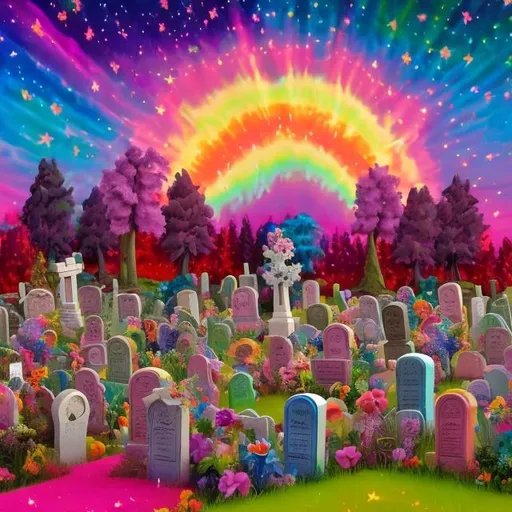 Prompt: Lisa frank style cemetery diorama