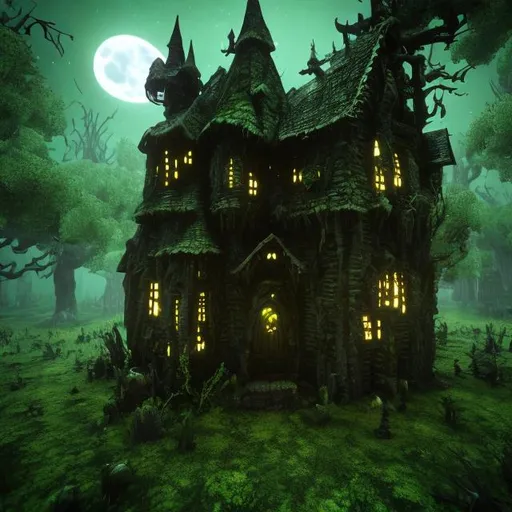 Prompt: witch house, (((A hags small one story house in a swampy forrest))), trees all around, highly detailed, moonlight, crooked trees, dripping, muddy, green shades