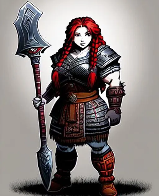 Splash art of a very short female dwarven holy warri...