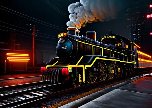 Prompt: Locomotive, digital painting, high quality, neon ambiance, abstract black oil, gear mecha, detailed acrylic, grunge, intricate complexity, rendered in unreal engine, photorealistic