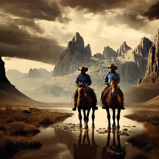 Prompt: Two cowboys riding horses near a lake with a snowy mountain in the background, westernpunk, oil painting, rugged terrain, vintage cowboy hats, dusty atmosphere, dramatic lighting, high quality, detailed horses, scenic landscape, wild west vibes, rustic color palette, atmospheric clouds, detailed boots