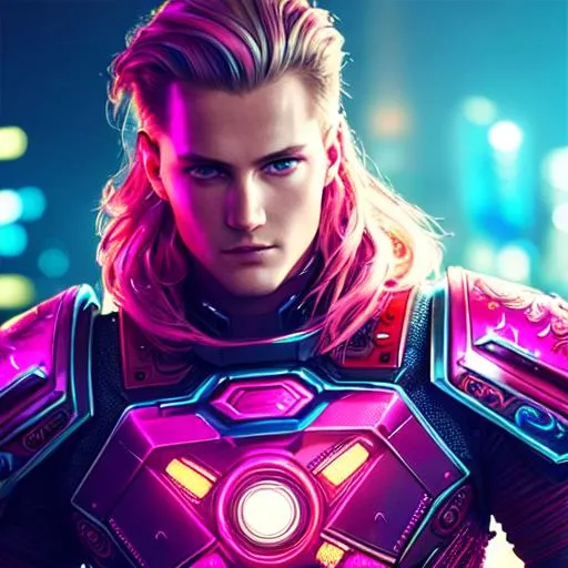 Prompt: CREEPY Android Man ((Alexander Ludwig)) , DEAD  Eyes, Glow in Hair, intricately flowing hair, Rude Cyborg RED/CYAN GLOWING  Body, Intricate  PINK metal lace body armor, 50mm (((face close-up))), Cyberpunk Arena in the background, cinematic Shot, intricate details, Cinematic lighting, Soft light,  ((( ornamental artwork by Tooth wu and Beeple))) , insane details, photorealistic 