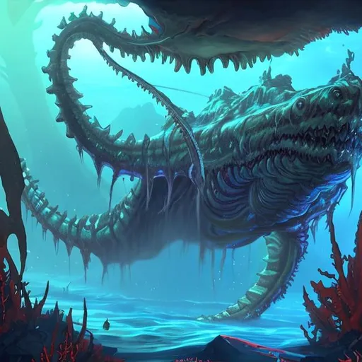 Prompt: draw a concept art of a ghost leviathan in the Lost River from Subnautica 