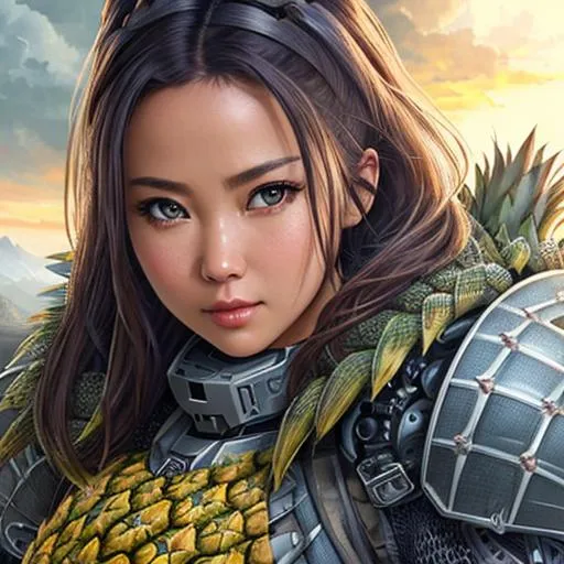 Prompt: Poster art, high-quality high-detail highly-detailed breathtaking hero, pineapple head, live pineapple,  carbon fibre armour, post apocalyptic world setting, has highly detailed scaled body, detailed carbon fibre mech amour, wearing carbon fibre mech armor, highly detailed face, full form, epic, 8k HD, ice, sharp focus, ultra realistic clarity. Hyper realistic, Detailed face, portrait, realistic, close to perfection, more black in the armour, 
wearing blue and black armour, wearing carbon black cloak with red, full body, high quality cell shaded illustration, ((full body)), dynamic pose, perfect anatomy, centered, freedom, soul, Black short hair, approach to perfection, cell shading, 8k , cinematic dramatic atmosphere, watercolor painting, global illumination, detailed and intricate environment, artstation, concept art, fluid and sharp focus, volumetric lighting, cinematic lighting, 
