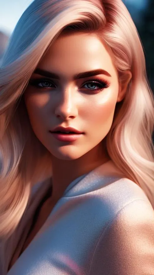 Prompt: Hyper realistic, Unreal engine, female, blonde hair, eye color bright red