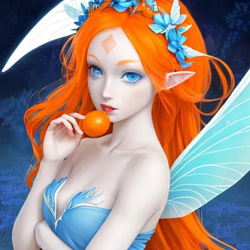 Prompt: A pretty  pale skinned fairy goddess with a orange and blue color scheme.  closeup