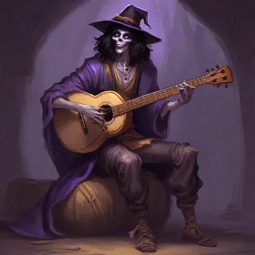 Prompt: Full body splash art of a sweet, youthful, young, handsome, male undead zombie bard, singing and playing the lute, mummified pale face, shoulder long black hair, skinny, tyrian purple medieval noble clothes with puffy sleeves, floppy hat with feathers, D&D, dnd, fantasy, highly detailed, sharp focus, digital painting, trending on artstation, 4k, 8k, unreal engine