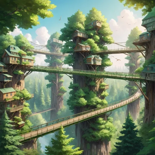 Prompt: An evergreen forest in the summertime. There are buildings built into the trees. There are bridges connecting the buildings together. The bridges are in the air.