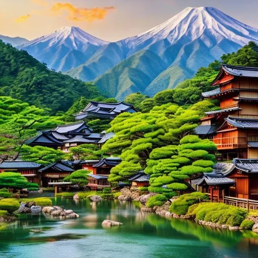 Prompt: Japanese village with mountains and surrounded by nature, rivers or sea, with animals