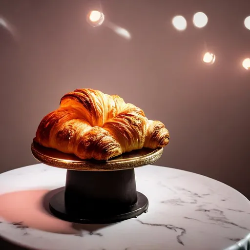 Prompt: A croissant on a pedestal with lights shining on it