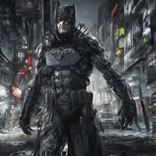 Prompt: Very dark black and green evil distant future bionic batman. Accurate. realistic. evil eyes. Slow exposure. Detailed. Dirty. Dark and gritty. Post-apocalyptic Neo Tokyo. Futuristic. Shadows. Sinister. Armed. Fanatic. Intense. 