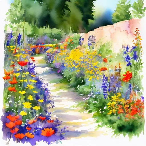 Prompt: watercolor of corner garden of wildflowers