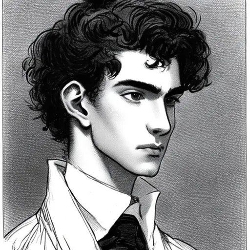 Prompt: Tall, slender nineteen year old male with dark, curly hair and a light complextion in Victorian Era dress in a dark academia setting. Face Included. Narrow, high bridged nose. Bold brow, serious eyes. Long face, square jaw