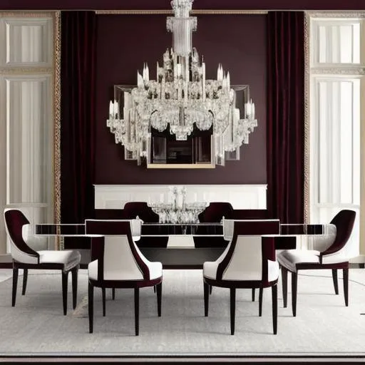 Prompt: black mirrored dining room, elegant, crystal frame chairs, burgundy upholstery, elegant and sophisticated. 1920s photorealism