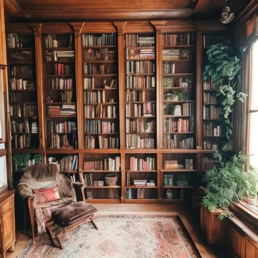Prompt: A cozy library with so many books and plants