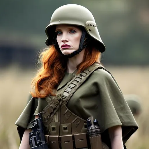 Prompt: jessica chastain, tan poncho, army helmet, soldier, m16, vietnam, body armor, blue eyes, beautiful