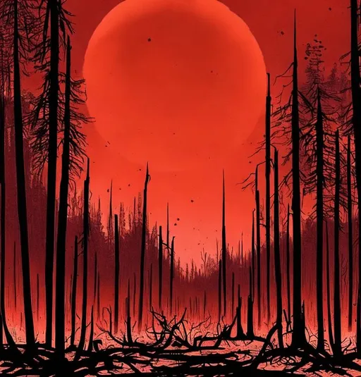 Prompt: A red sun is in the sky, red rivers run underneath. The sky is grey and depressing. The trees are decaying, but burnt. Survivors are scattered around the area.