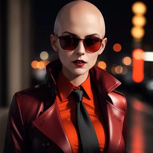 Prompt: Female vampire, Clan Tremere, beautiful face, she is completely {{bald}}, she has no hair, wearing a stylish red trench coat, wearing a black buttoned up short and a red necktie, she is also wearing sunglasses with (perfectly round black frames) and orange lenses, vampire the masquerade, detailed symmetrical face, city at night style background, well lit by street lights, vampire, real, alive, real skin textures,