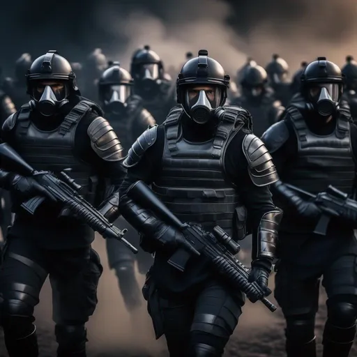 Prompt: Several modern roman military male in black military roman armor, and gas mask, background dark battle, last days in earth, Hyperrealistic, sharp focus, Professional, UHD, HDR, 8K, Render, electronic, dramatic, vivid, pressure, stress, traumatic, dark.