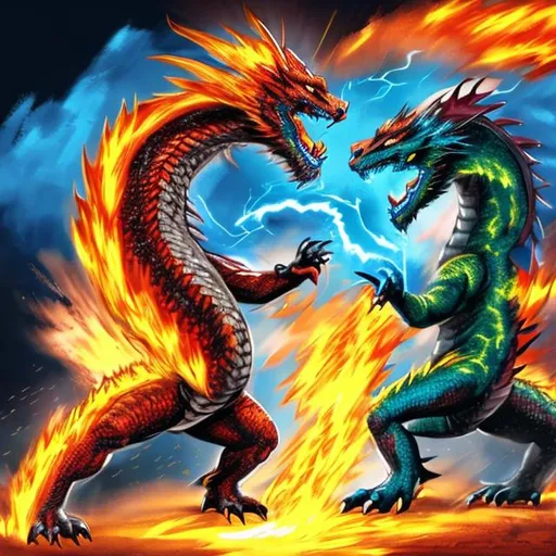 Prompt: Electric Thunder dragon fighting with a fire dragon