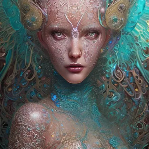 Prompt: Intricately detailed front facing elaborate beautiful ocean mermaid woman goddess glossy lipstick intricate glistening skin face bright eyes prismatic jelly blue pink clear dress long hair hyperdetailed painting by Ismail_Inceoglu Tom Bagshaw Dan Witz CGSociety ZBrush Central fantasy art 4K, bubbles in background digital painting, digital illustration, extreme detail, digital art, ultra hd, vintage photography, beautiful, tumblr aesthetic, retro vintage style, hd photography, hyperrealism, extreme long shot, telephoto lens, motion blur, wide angle lens, deep depth of field, warm, anime Character Portrait, Symmetrical, Soft Lighting, Reflective Eyes, Pixar Render, Unreal Engine Cinematic Smooth, Intricate Detail, anime Character Design, Unreal Engine, Beautiful, Tumblr Aesthetic,  Hd Photography, Hyperrealism, Beautiful Watercolor Painting, Realistic, Detailed, Painting By Olga Shvartsur, Svetlana Novikova, Fine Art