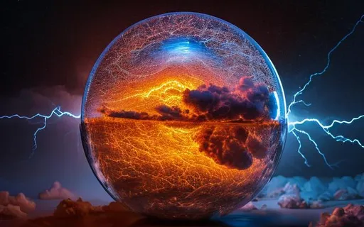 Prompt: Detailed 3D Blue Lightening with Storm clouds inside a glowing sphere, intricate details, hyperdetailed, hyperrealistic,  HD, CG, Night sky