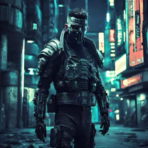 Prompt: Villain. Futuristic tech military armour with black and neon trim. Slow exposure. Detailed. Male masked. Dirty. Dark and gritty. Post-apocalyptic Neo Tokyo. Futuristic. Shadows. Sinister. Brutal. Intimidating. Evil. Bionic enhancements. Fanatic. Intense. Hunter