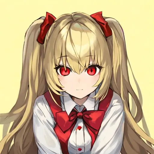 Prompt: Portrait of a cute girl with long, blonde hair and red eyes wearing a white shirt and red bows