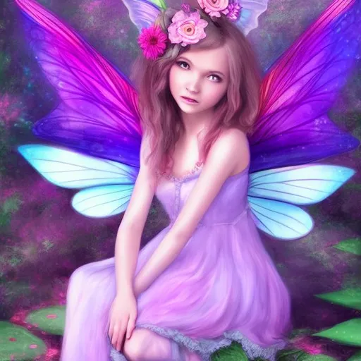 Prompt: color smash, portrait of a cute fairy, sitting in an enchanted forest, pinks, purples, teals, detailed, realistic, fantasy art,  smooth, soft colors,