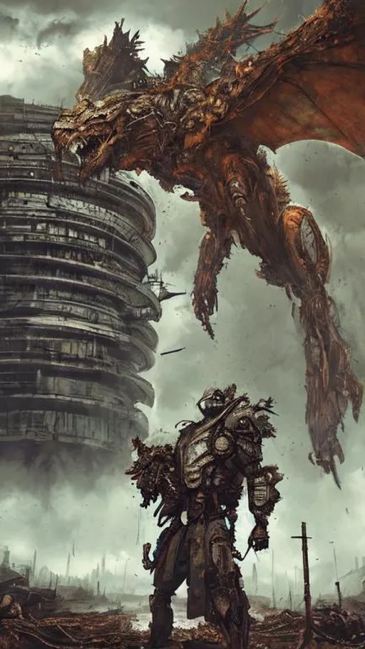 Prompt: Nuclear wasteland, strange monsters, fighting for survival, time is running out, hyper detailed, photorealistic, spaceship, cyberpunk, mech, firing missiles, hyperdetailed, battle mage fighting a dragon