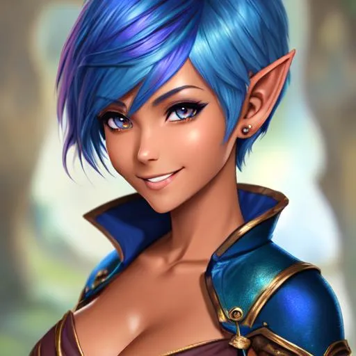 Prompt: oil painting, D&D fantasy, tanned-skinned-gnome girl, tanned-skinned-female, short slender, beautiful, short bright blue hair, long pixie cut hair, smiling, pointed ears, looking at the viewer, Wizard wearing intricate adventurer outfit, #3238, UHD, hd , 8k eyes, detailed face, big anime dreamy eyes, 8k eyes, intricate details, insanely detailed, masterpiece, cinematic lighting, 8k, complementary colors, golden ratio, octane render, volumetric lighting, unreal 5, artwork, concept art, cover, top model, light on hair colorful glamourous hyperdetailed medieval city background, intricate hyperdetailed breathtaking colorful glamorous scenic view landscape, ultra-fine details, hyper-focused, deep colors, dramatic lighting, ambient lighting god rays, flowers, garden | by sakimi chan, artgerm, wlop, pixiv, tumblr, instagram, deviantart