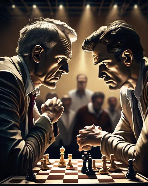 Prompt: Two chess masters face off in an international tournament, gazing intensely at the board spotlit dramatically overhead. A hushed crowd looks on at the competitive game. In the style of Howard Lyon. 