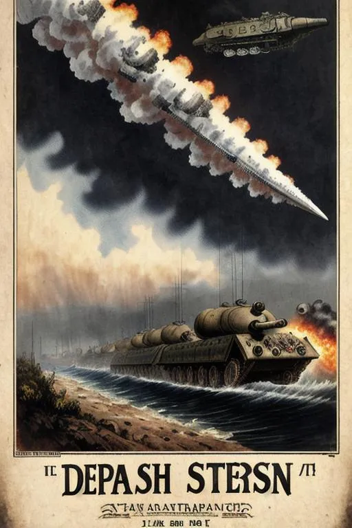 Prompt: 18th century, full portrait poster , illustration, showing  WWI steampunk tanks with death beams,  war, danger, threatening, zepplin, tanks, ships, in the style of a 18th century poster, hand tinted, asymmetric, hanging on a blank wall, faded, torn