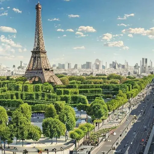 Prompt: paris in 2050 with beautiful green enviroment, clean street with public transport