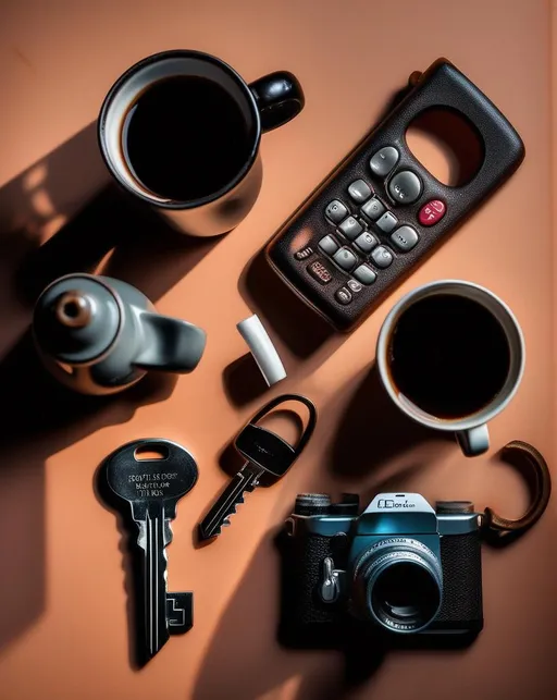 Prompt: A unique still life photograph of ordinary everyday objects like keys, coffee mugs, and phones arranged in an interesting composition with dramatic lighting. Deep shadows and unusual angles make the mundane objects more intriguing and abstract. Shot with a 50mm prime lens on a Nikon Z6 to capture rich detail and tonality.
