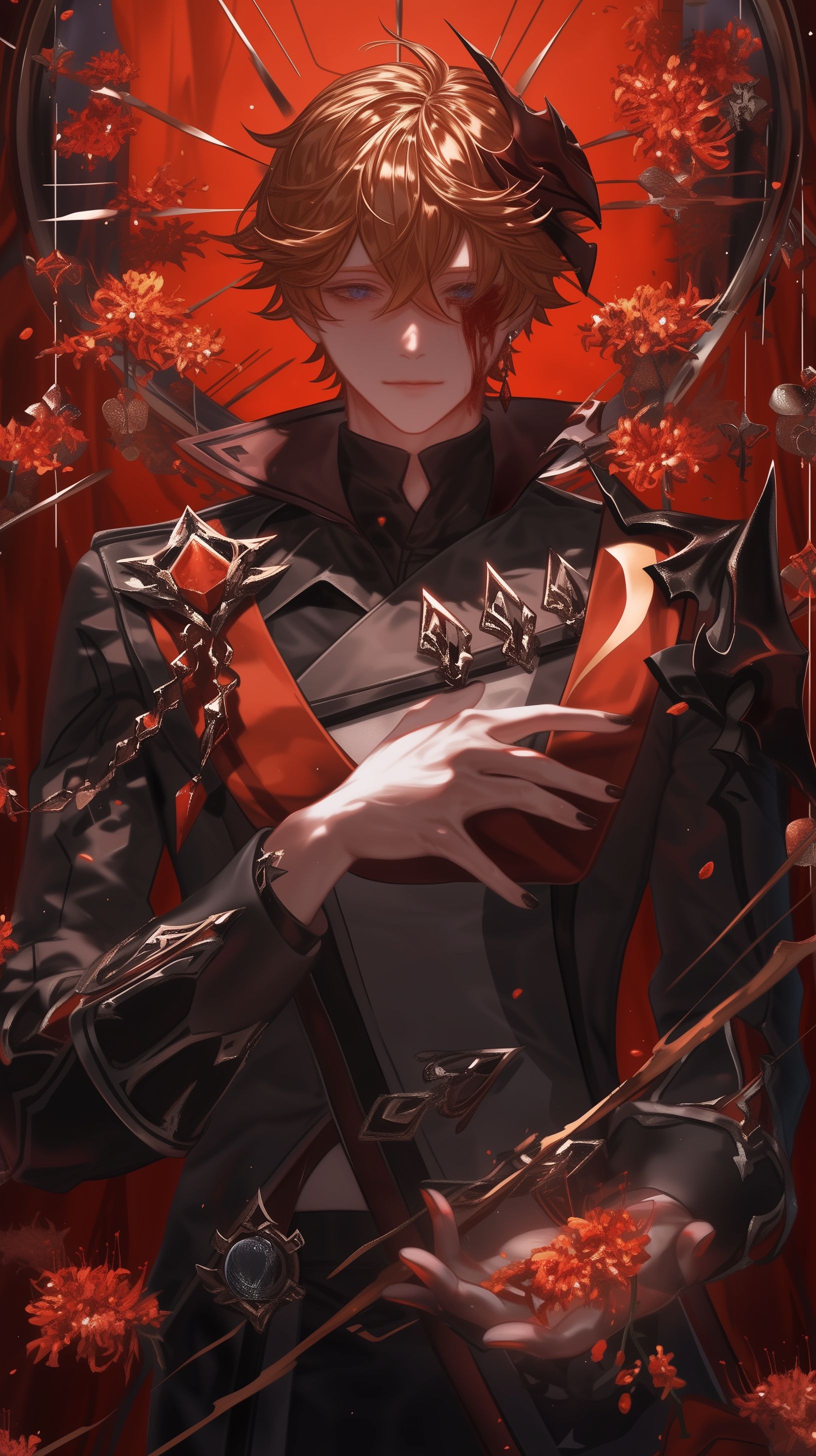 Prompt: tartaglia from genshin impact, dressed in a black band uniform, with dark black makeup, and eye liner, half smile, intense eyes, standing infront of a black parade float with black flowers floating down around him. The only thing that is red is the delusion (pin) on his torso, the black parade --ar 9:16 --niji 6