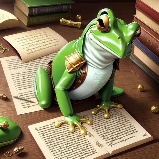 Prompt: Knight that was polymorphed into a frog, the frog looks very annoyed, the frog is writing a letter to complain, quill and parchment, detailed, real, real skin textures, alive, semi-anime,