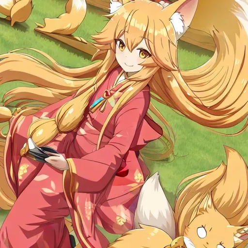 cute anime fox girl, with golden flowing long hair,... | OpenArt